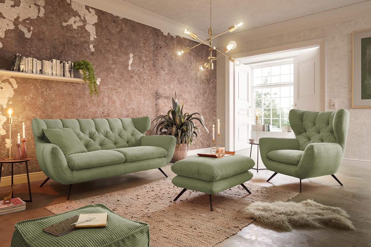 KAWOLA Sitzgruppe CHARME Sofa Sessel Hockerbank Cord olivgrün KAWOLA Sitzgruppe CHARME Sofa Sessel Hockerbank Cord olivgrün
