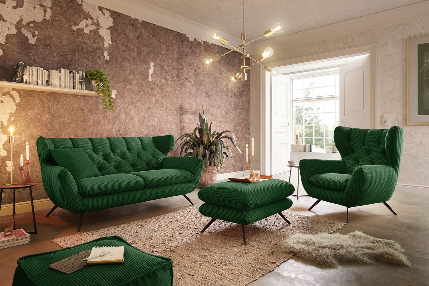 KAWOLA Sitzgruppe CHARME Sofa Sessel Hockerbank Cord smaragd KAWOLA Sitzgruppe CHARME Sofa Sessel Hockerbank Cord smaragd