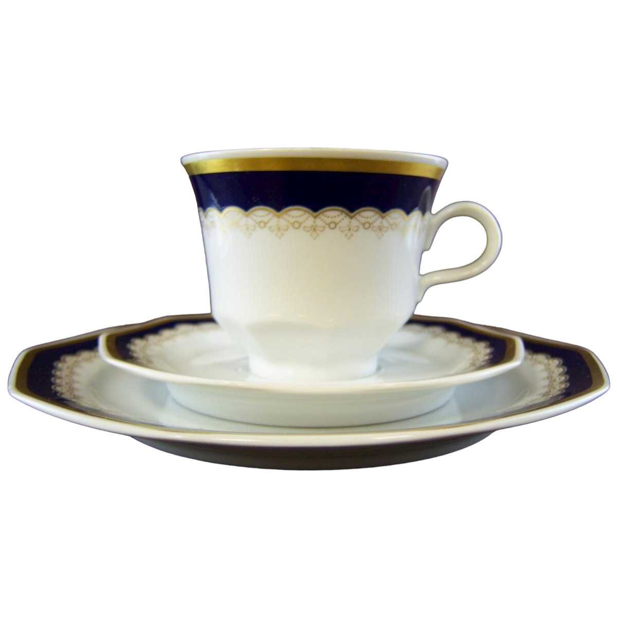 Kaffeegedeck 3tlg. Winterling Marktleuthen Kobaltrand mit Goldrand eckig