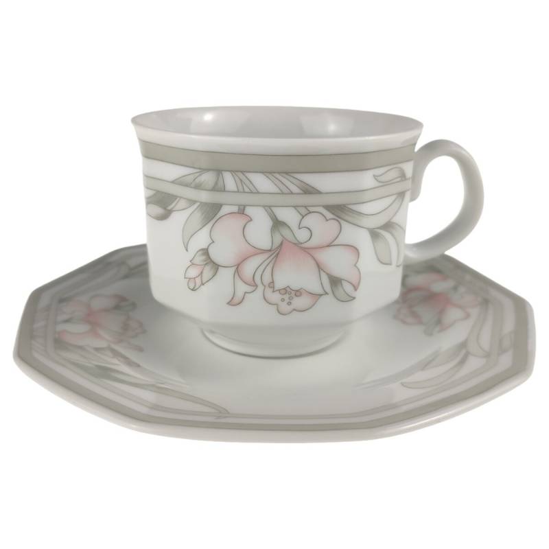 Kaffeetasse mit Untertasse 2tlg. Arabella Atelier Blumendekor Rosa-Grau