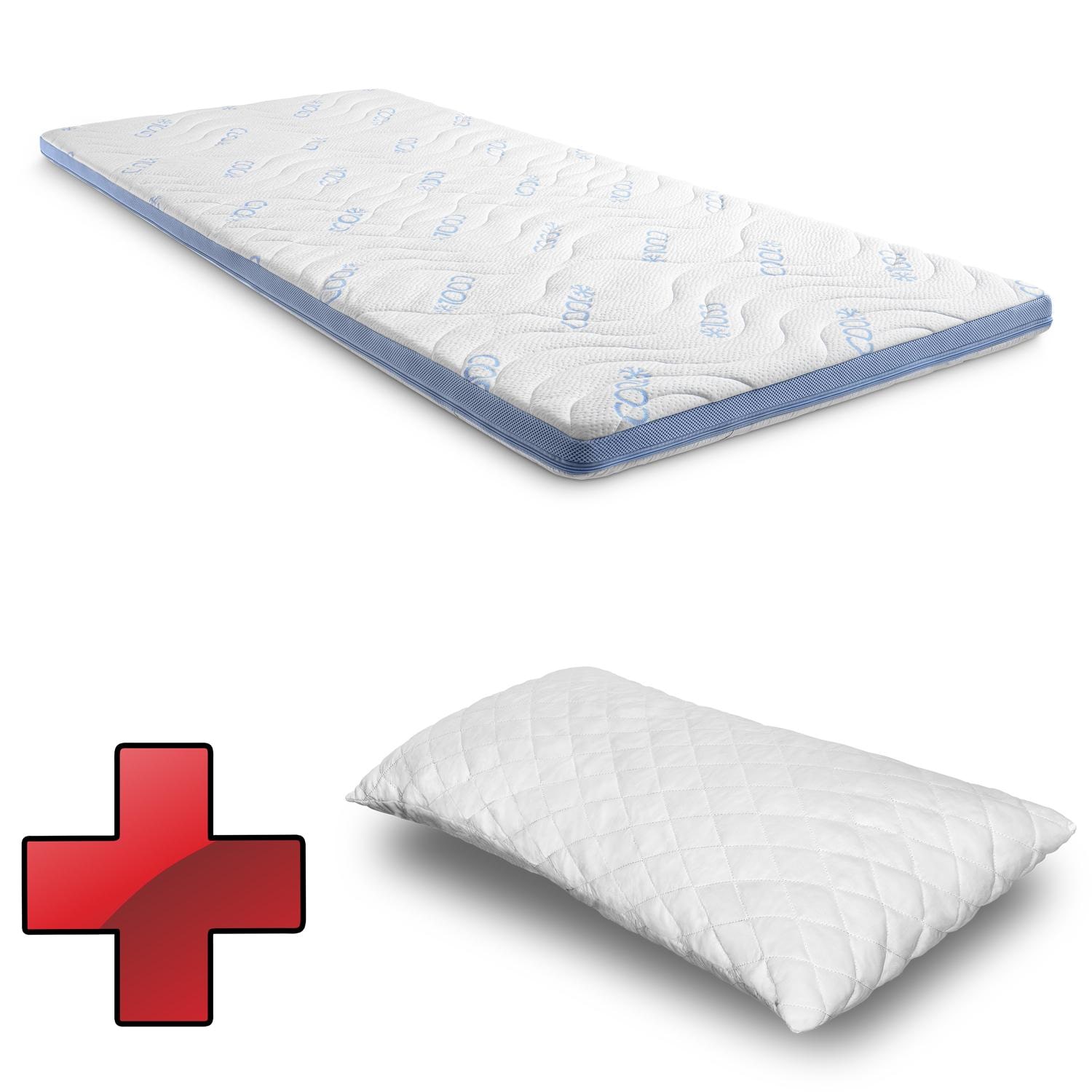Kaltschaumtopper CloudComfort Cool 90 x 200 cm H2/H3, Höhe 7 cm, Härtegrad H2/H3, 7-Zonen Topper mit Sommer- und Winterseite + CloudComfort Basic Gel-Flocken Kissen 40 x 80 cm Kaltschaumtopper CloudComfort Cool 90 x 200 cm H2/H3, Höhe 7 cm, Härtegrad H2/H3, 7-Zonen Topper mit Sommer- und Winterseite + CloudComfort Basic Gel-Flocken Kissen 40 x 80 cm