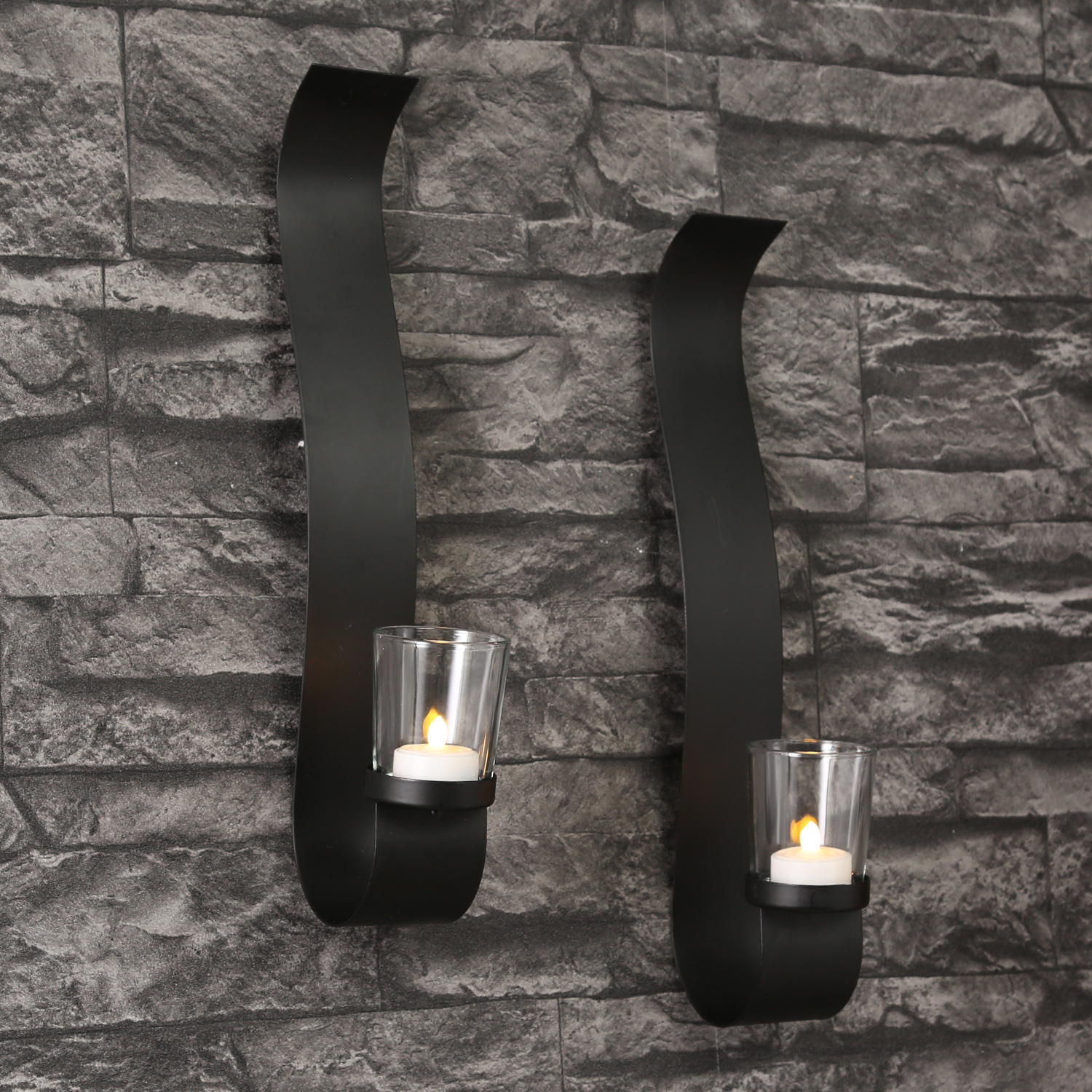 Wandkerzenhalter WAVE - mit Glasteelichthalter - Metall - H: 35cm - schwarz - 2er Set Wandkerzenhalter WAVE - mit Glasteelichthalter - Metall - H: 35cm - schwarz - 2er Set von MARELIDA