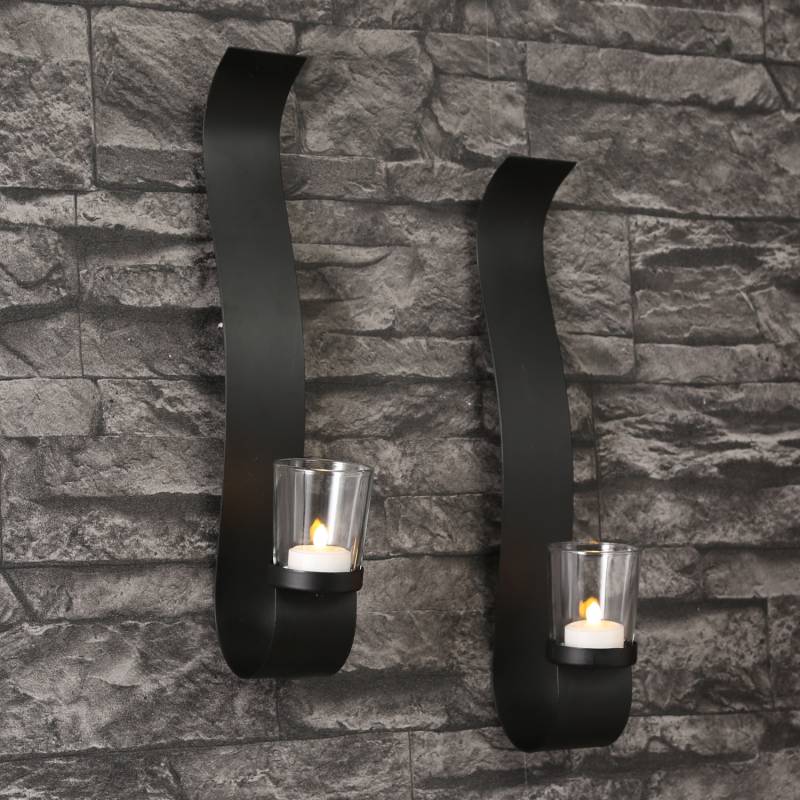 Wandkerzenhalter WAVE - mit Glasteelichthalter - Metall - H: 35cm -  schwarz - 2er Set von MARELIDA