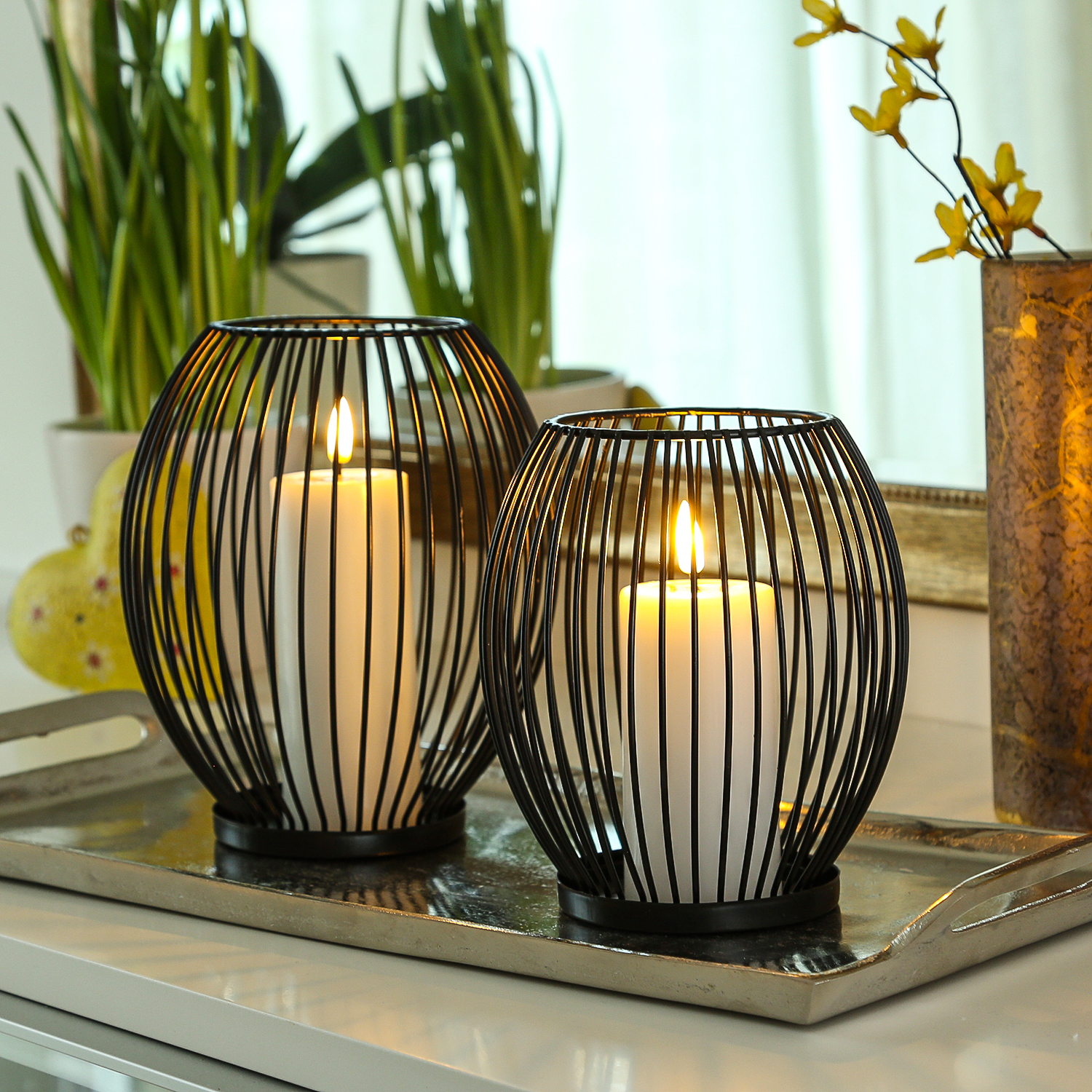 Kerzenhalter - Windlicht - Korb-optik - Metall - H: 18cm, H: 15,5cm - oval- schwarz - 2er Set von MARELIDA