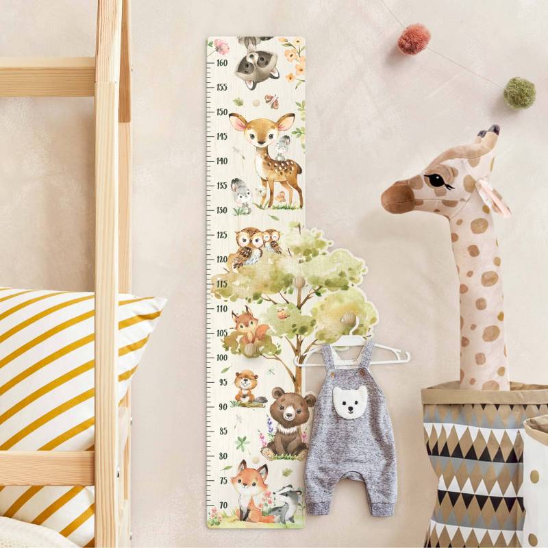 Kindermesslatte Holz mit Haken Tiere aus dem Wald Aquarell
