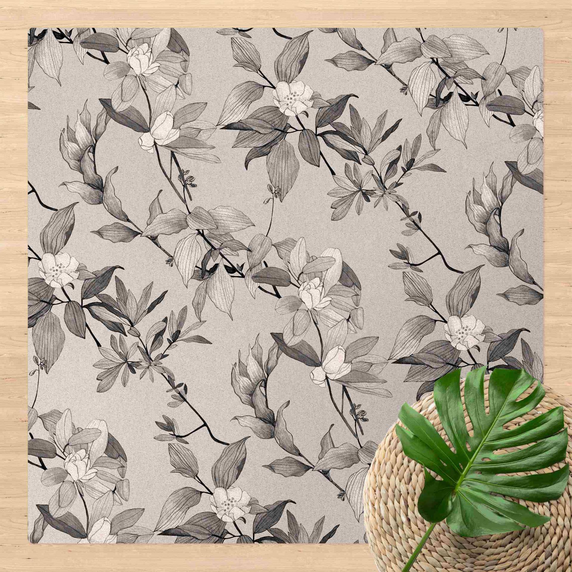 Kork-Teppich Romantisches Blütenaquarell Natur Grau