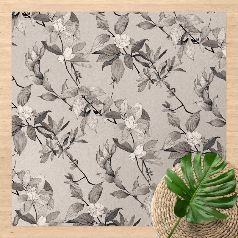 Kork-Teppich Romantisches Blütenaquarell Natur Grau