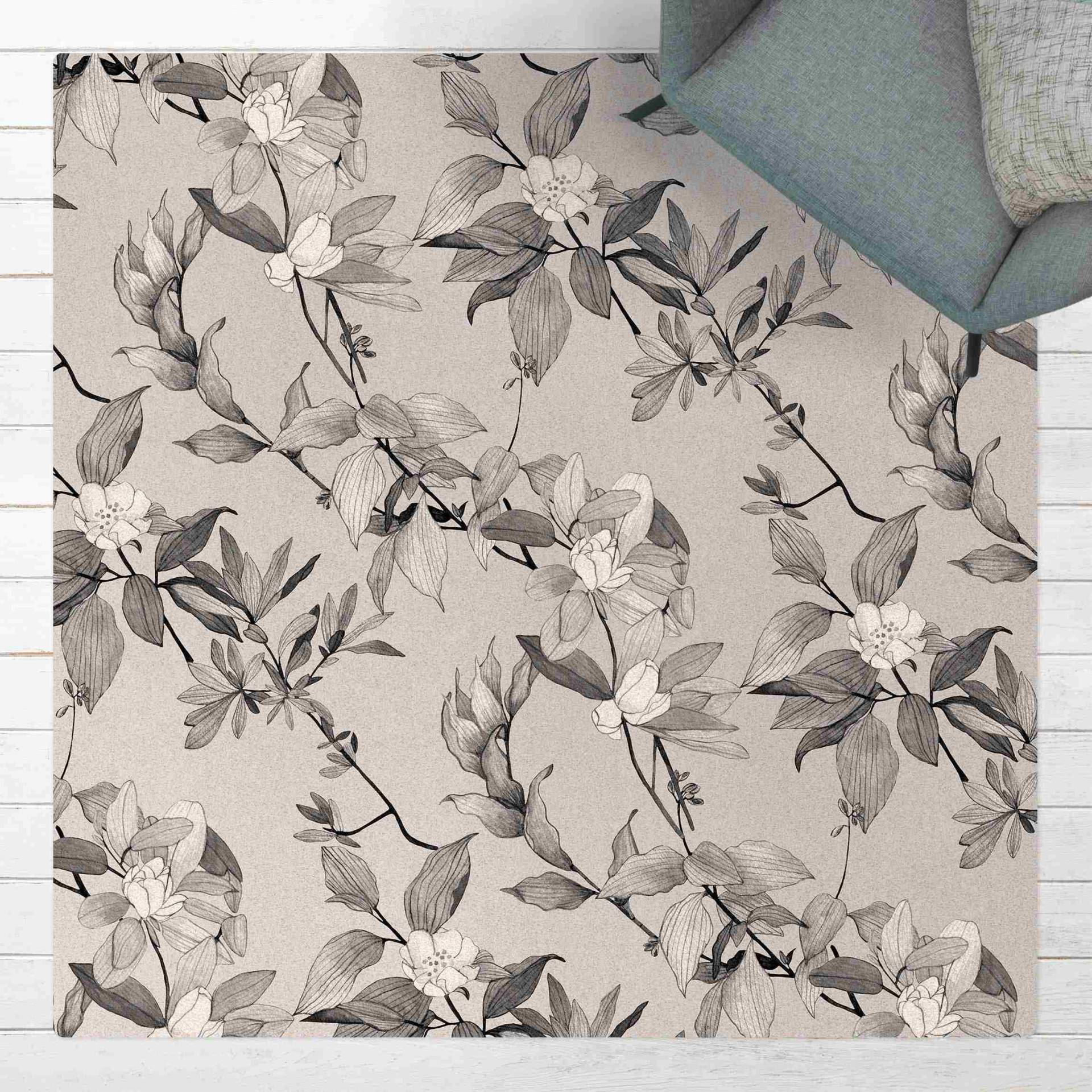 Kork-Teppich Romantisches Blütenaquarell Natur Grau