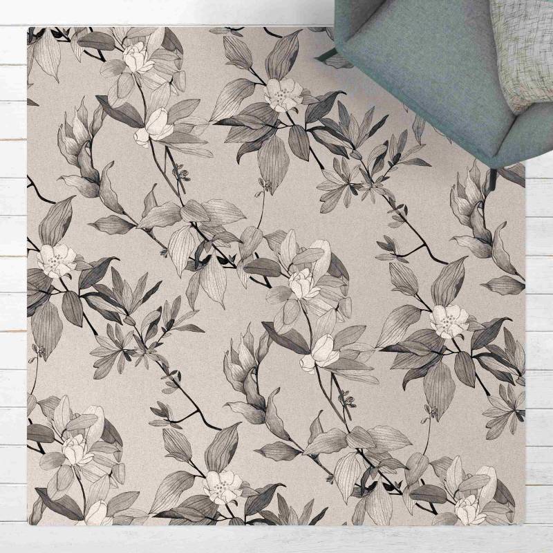 Kork-Teppich Romantisches Blütenaquarell Natur Grau