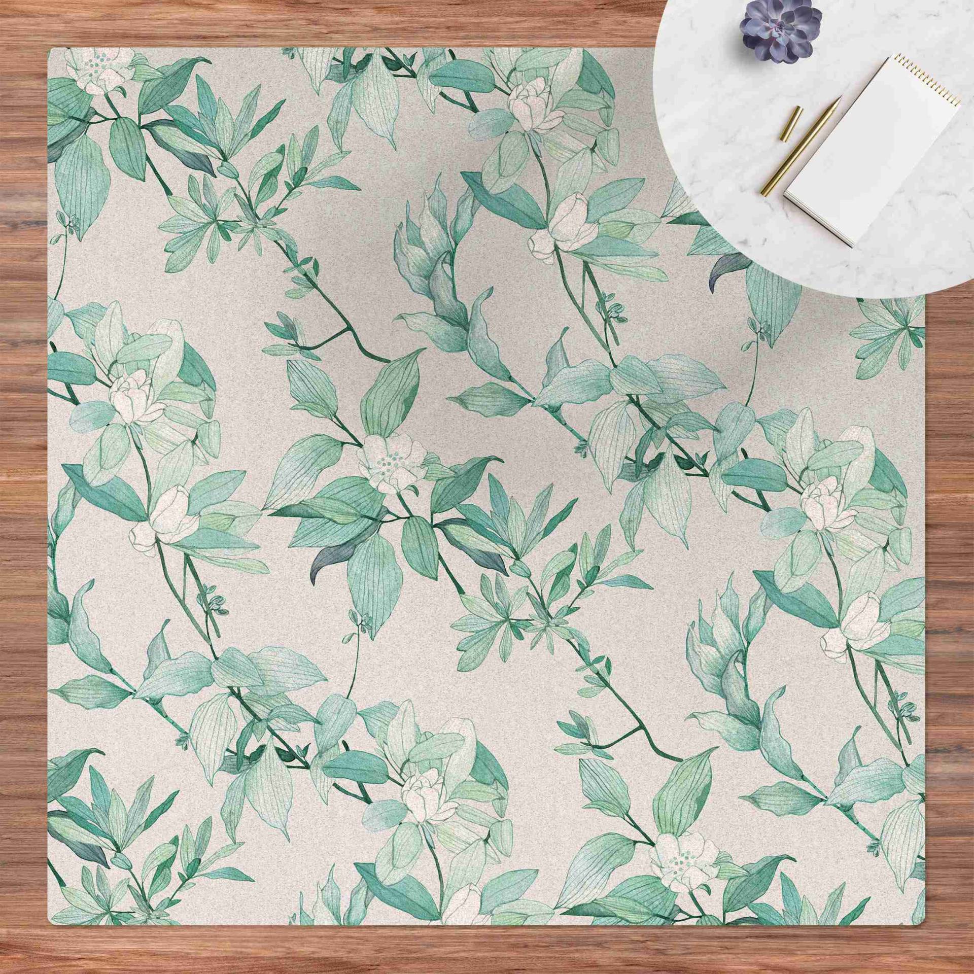 Kork-Teppich Romantisches Blütenaquarell Natur Mint