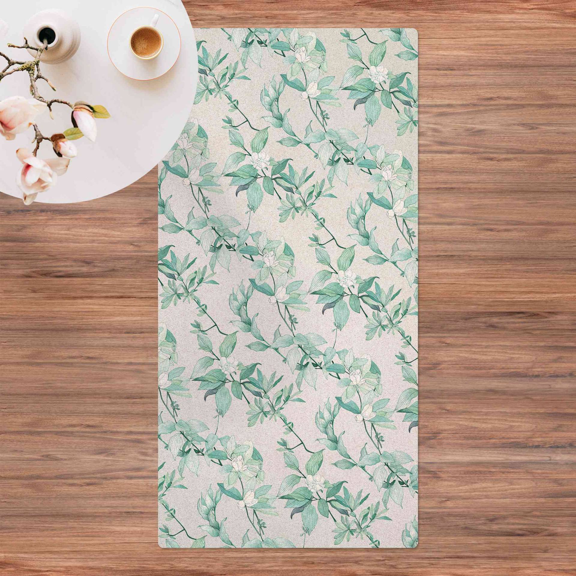 Kork-Teppich Romantisches Blütenaquarell Natur Mint