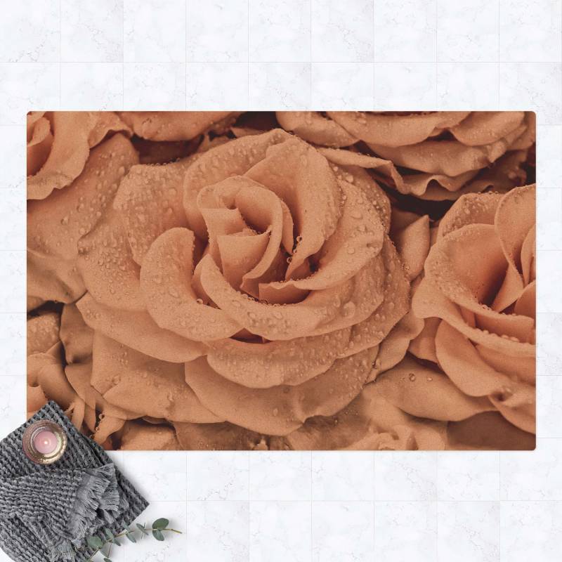 Kork-Teppich Rosen Sepia mit Wassertropfen