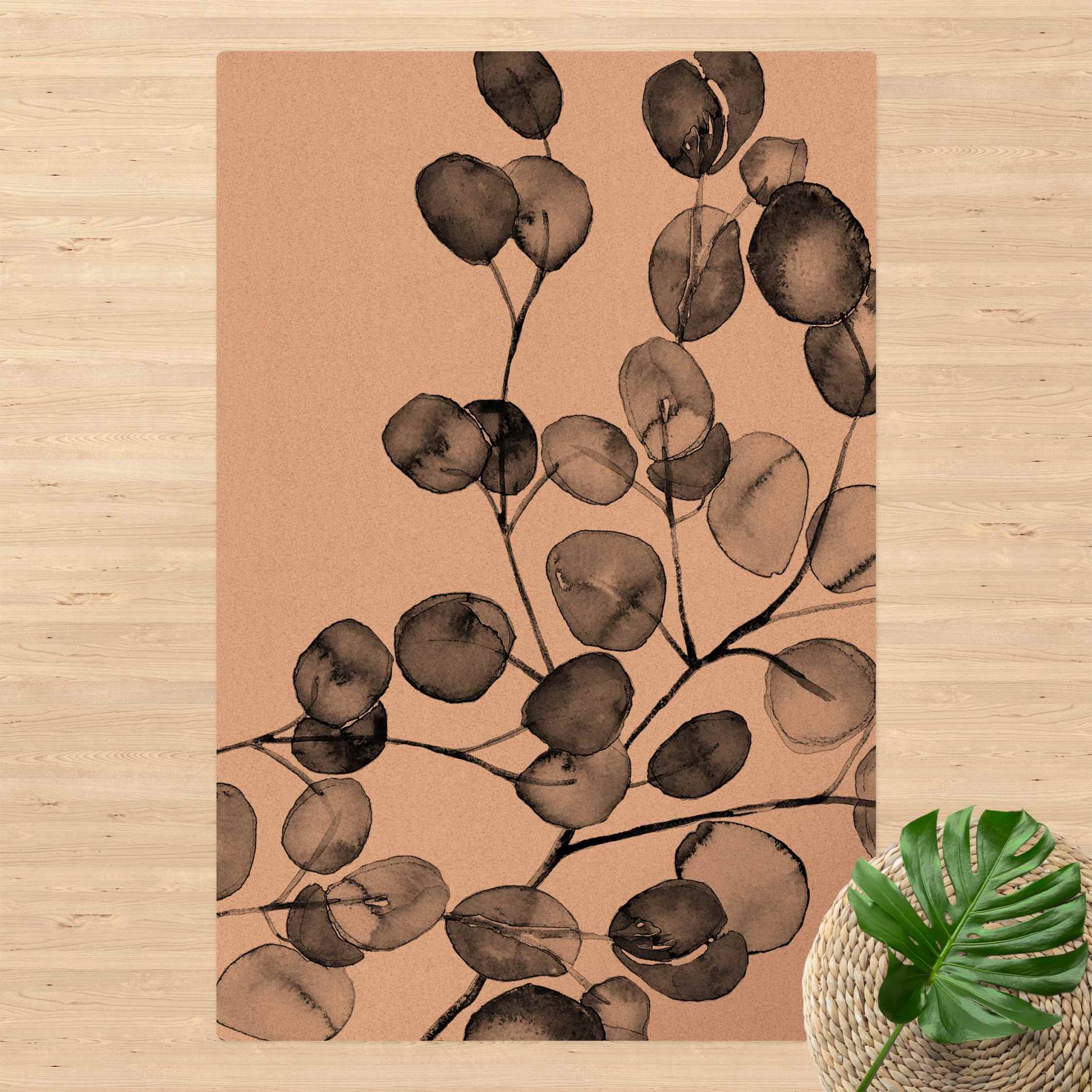 Kork-Teppich Schwarz Weiß Aquarell Eukalyptuszweig