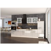 Küche inklusive E-Geräte, 340 cm weiß MARANELLO-03, Weiß Hochglanz, Design-Glashaube mit E-Geräten B x H x T ca. 340 x 200 x 60cm