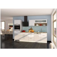 Küche mit Geschirrspüler 300 cm weiß MARANELLO-03 inkl. E-Geräte, Weiß Hochglanz, Design-Glashaube mit E-Geräten B x H x T ca. 300 x 200 x 60cm