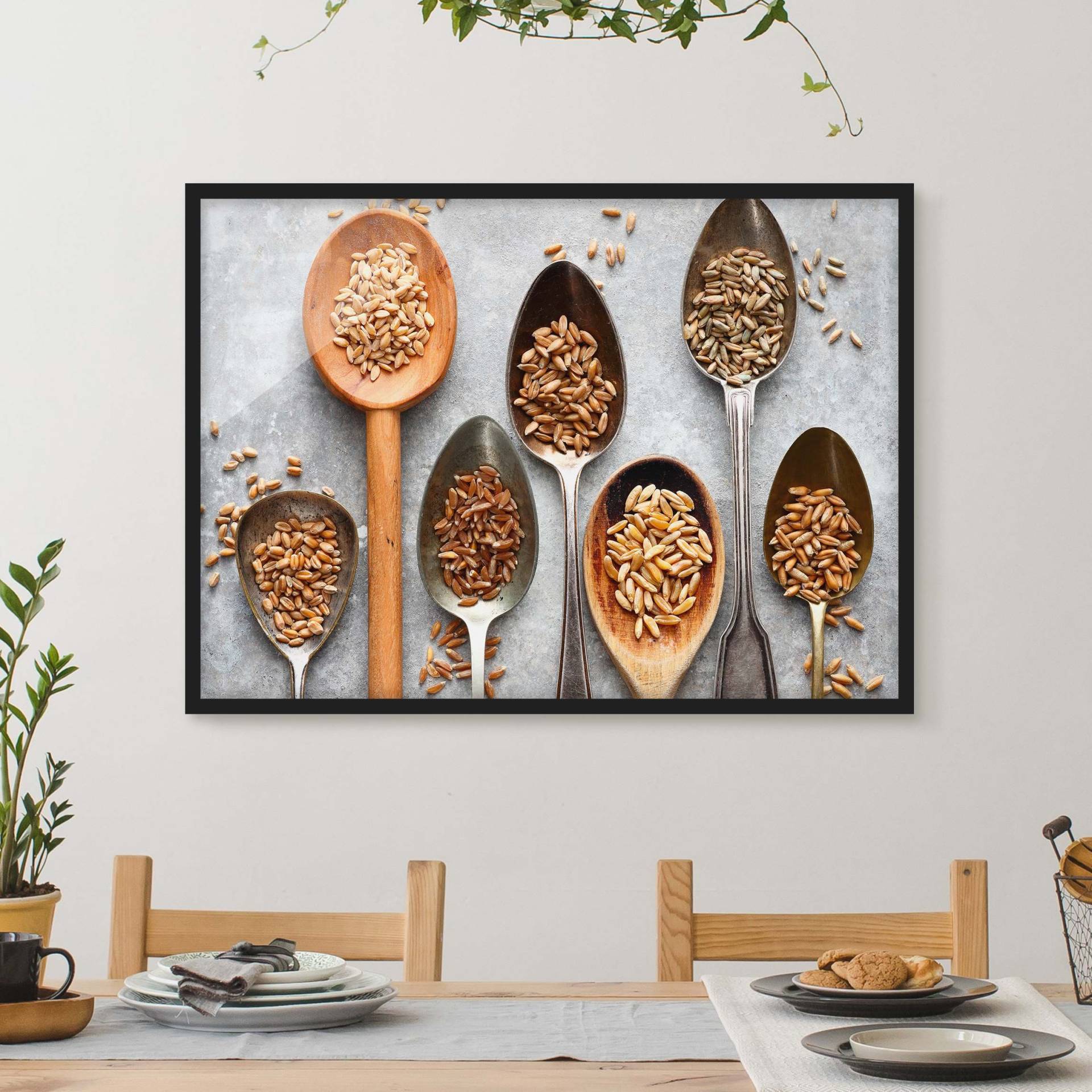 Küchenbild mit Rahmen Getreidekörner Löffel