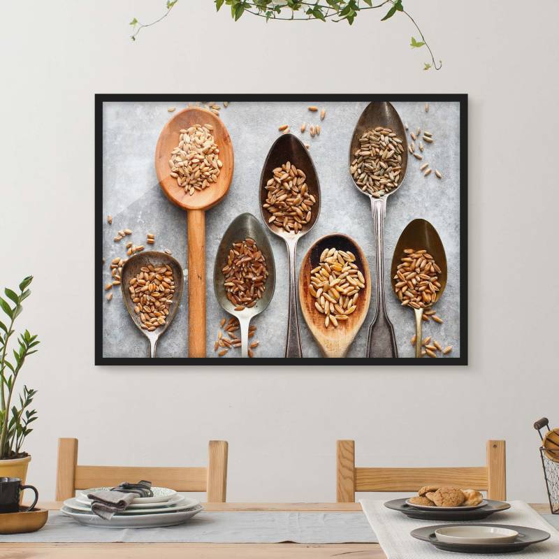 Küchenbild mit Rahmen Getreidekörner Löffel