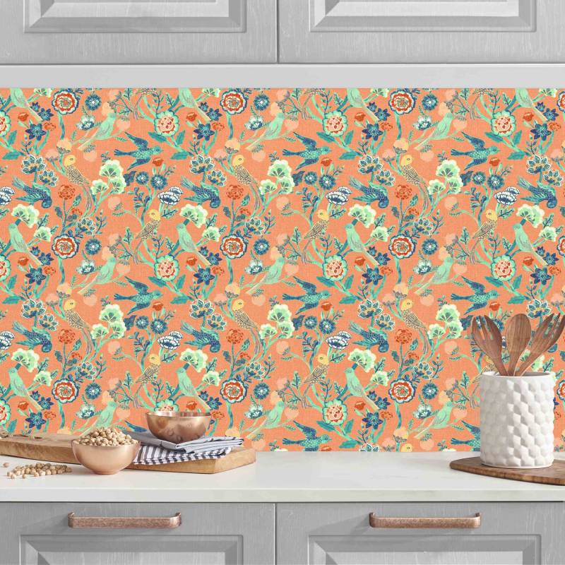 Küchenrückwand Indisches Muster Vögel mit Blumen Orange