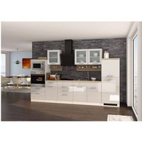 Küchenzeile 330 cm weiß MARANELLO-03 inkl. E-Geräte, Weiß Hochglanz, Design-Glashaube mit E-Geräten B x H x T ca. 330 x 200 x 60cm