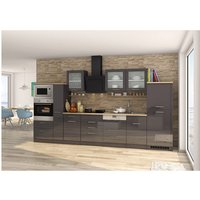 Küchenzeile komplett 370 cm grau mit Design-Glashaube MARANELLO-03 inkl. E-Geräte, Anthrazit Hochglanz mit E-Geräten B x H x T ca. 370 x 200 x 60cm