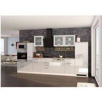 Küchenzeile komplett 370 cm weiß mit Design-Glashaube MARANELLO-03 inkl. E-Geräte, Weiß Hochglanz mit E-Geräten B x H x T ca. 370 x 200 x 60cm