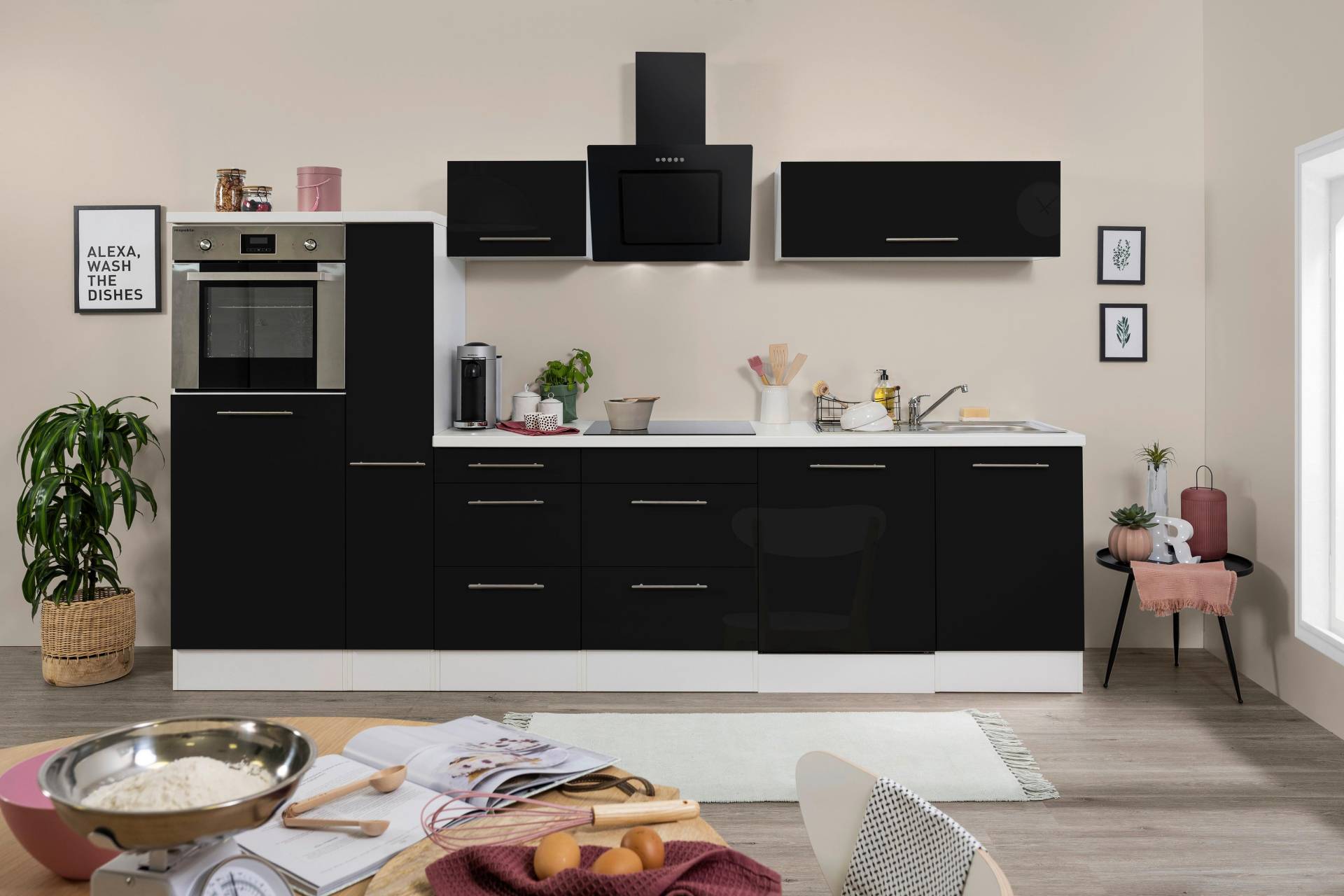 Küchenzeile mit Geräten 310 cm Schwarz Hochglanz/Weiß