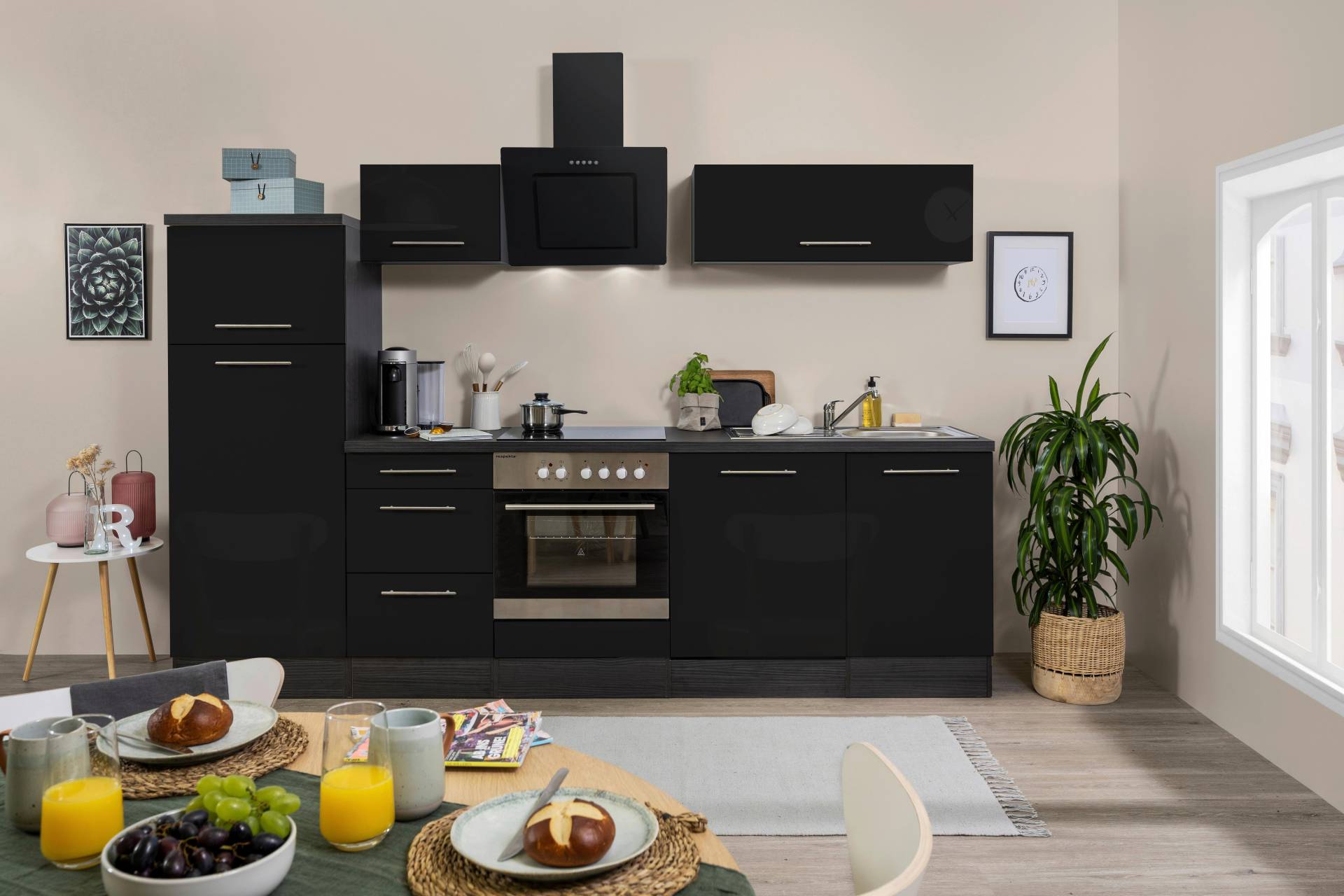 Küchenzeile mit Geräten B: 280 cm Schwarz Hochglanz