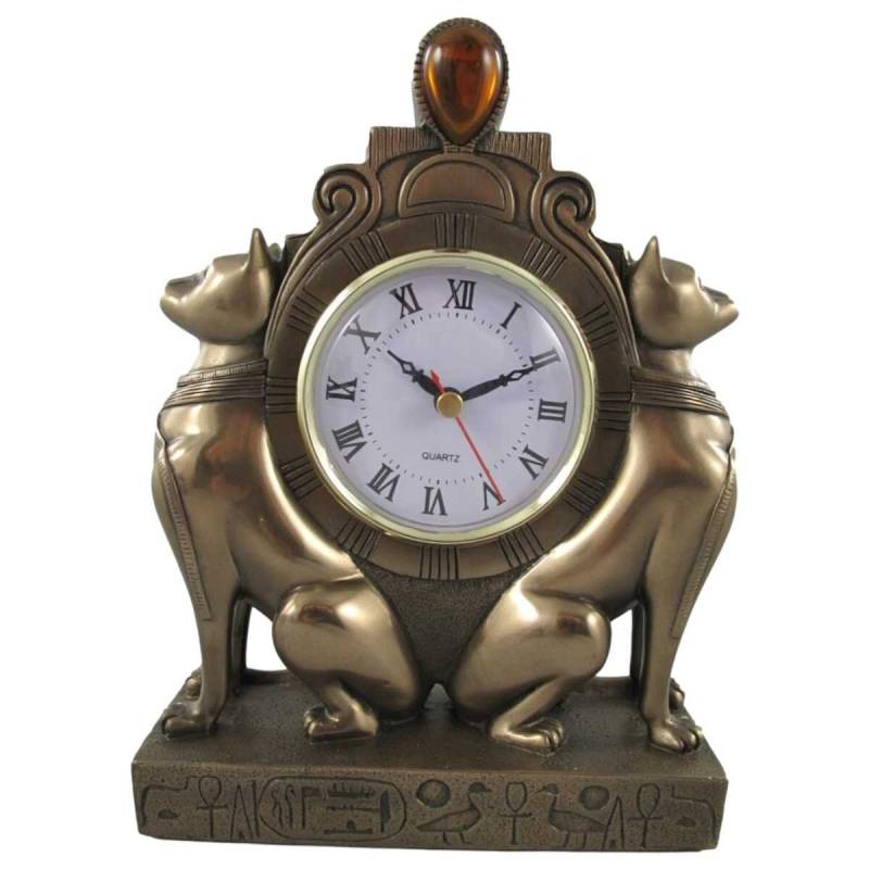 Kunststein Kaminuhr Katze-farbig BRONZE H 23 cm
