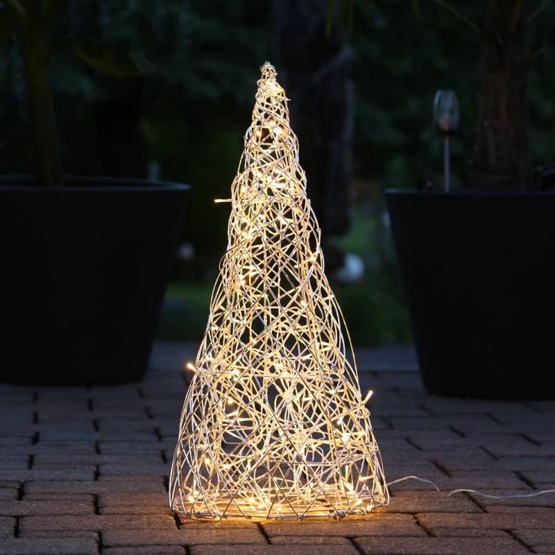 LED 3D Kegel - 70cm Gartenleuchte aus Draht - 100 warmweiße LED - für Außen - silberner Draht von MARELIDA