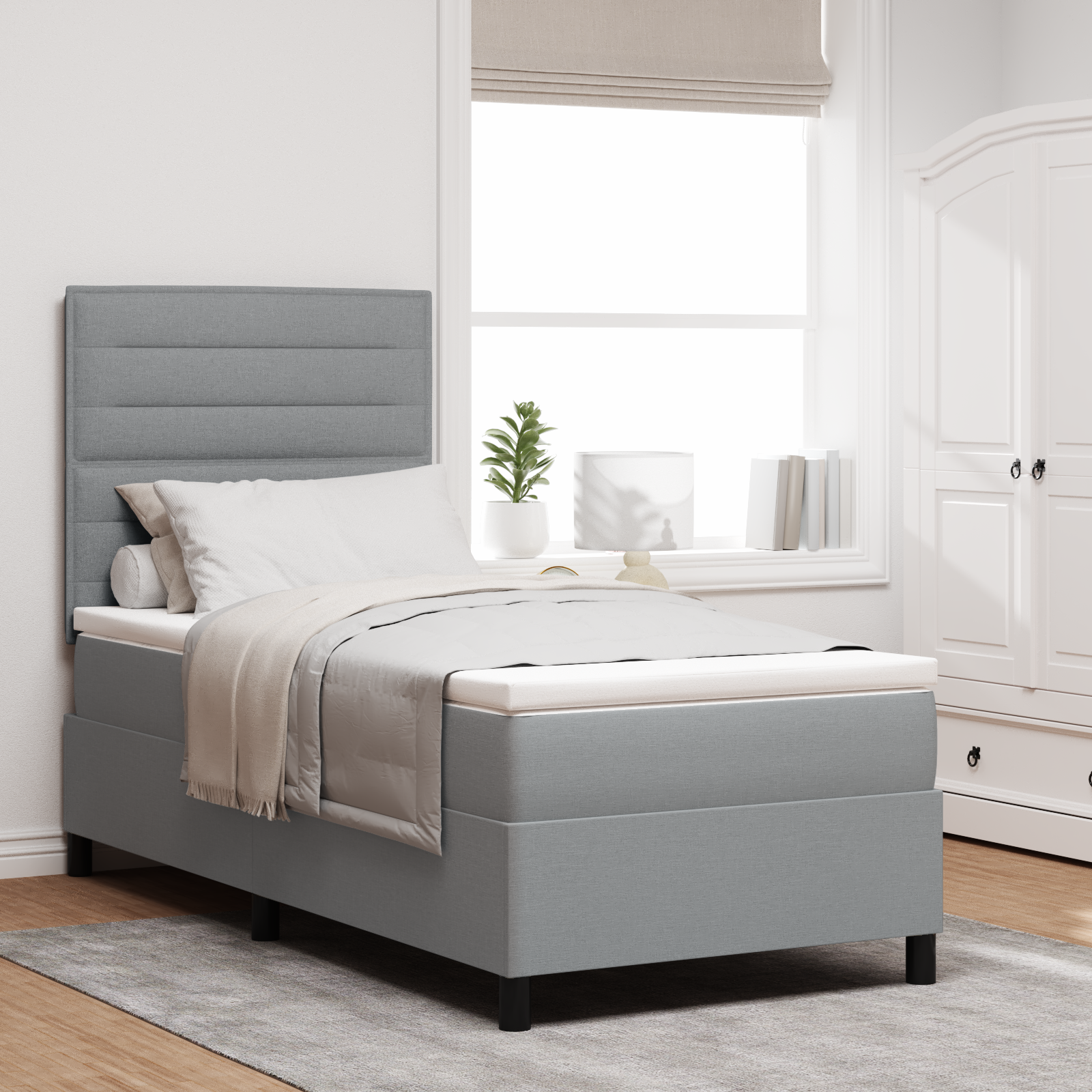Boxspringbett mit Matratze & LED Licht in Hellgrau, 100 x 200 cm, aus Stoff Boxspringbett mit Matratze & LED Licht in Hellgrau, 100 x 200 cm, aus Stoff