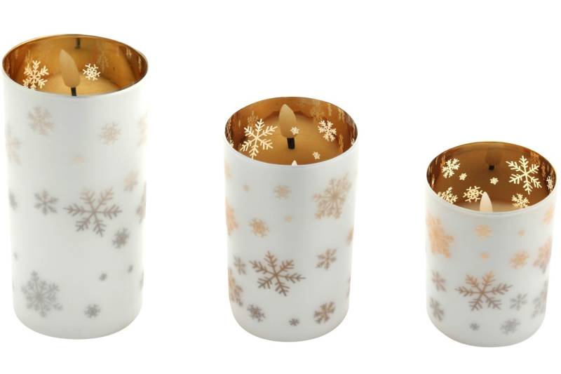 LED Echtwachskerze in Glaswindlicht 3er Set Gold Schneeflocken Motiv Timer