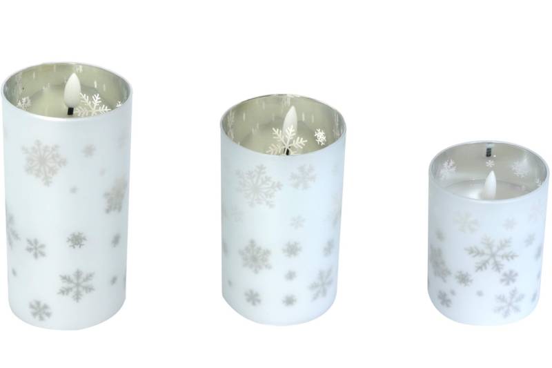 LED Echtwachskerze in Glaswindlicht 3er Set Silber Schneeflocken Motiv Timer