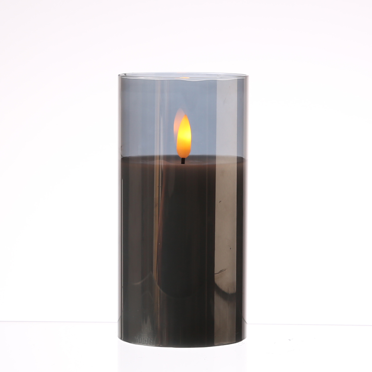 LED Kerze im Glas - Windlicht - Echtwachs - flackernde 3D Flamme - Timer - H: 15cm - rauchgrau von MARELIDA