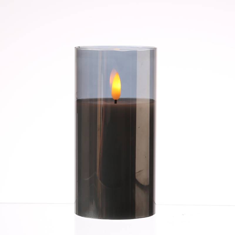 LED Kerze im Glas - Windlicht - Echtwachs - flackernde 3D Flamme - Timer - H: 15cm - rauchgrau von MARELIDA