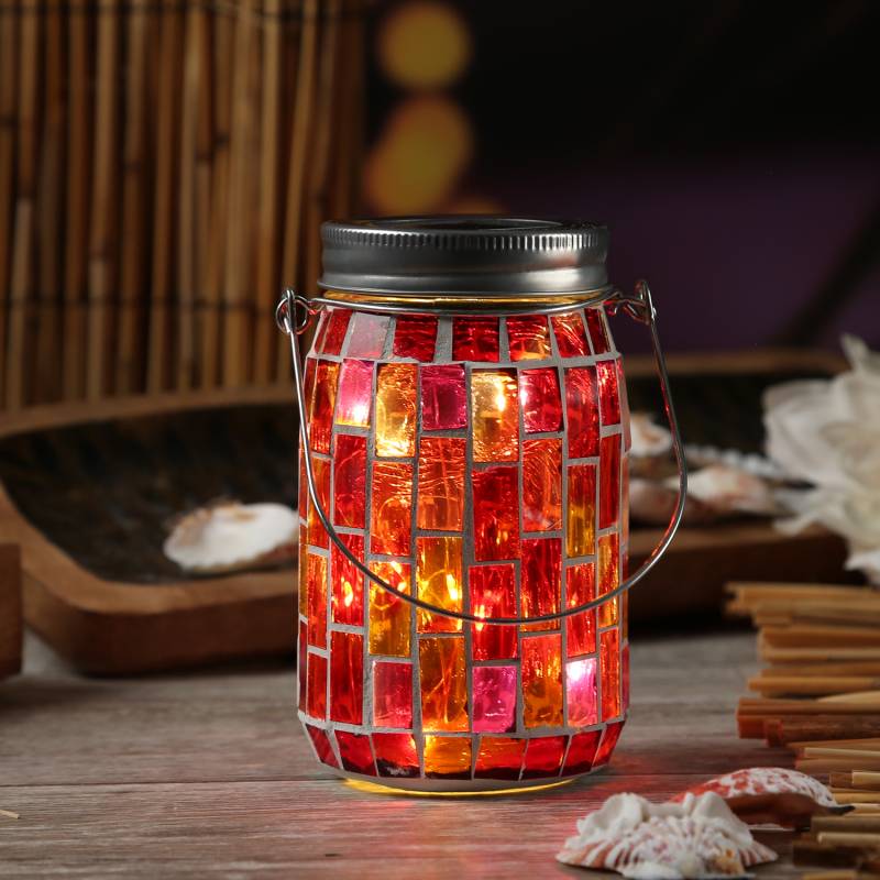 LED Solar Glas - Einmachglas mit Mosaiksteinchen - mit Henkel - H: 13,5cm - Lichtsensor - rot von MARELIDA