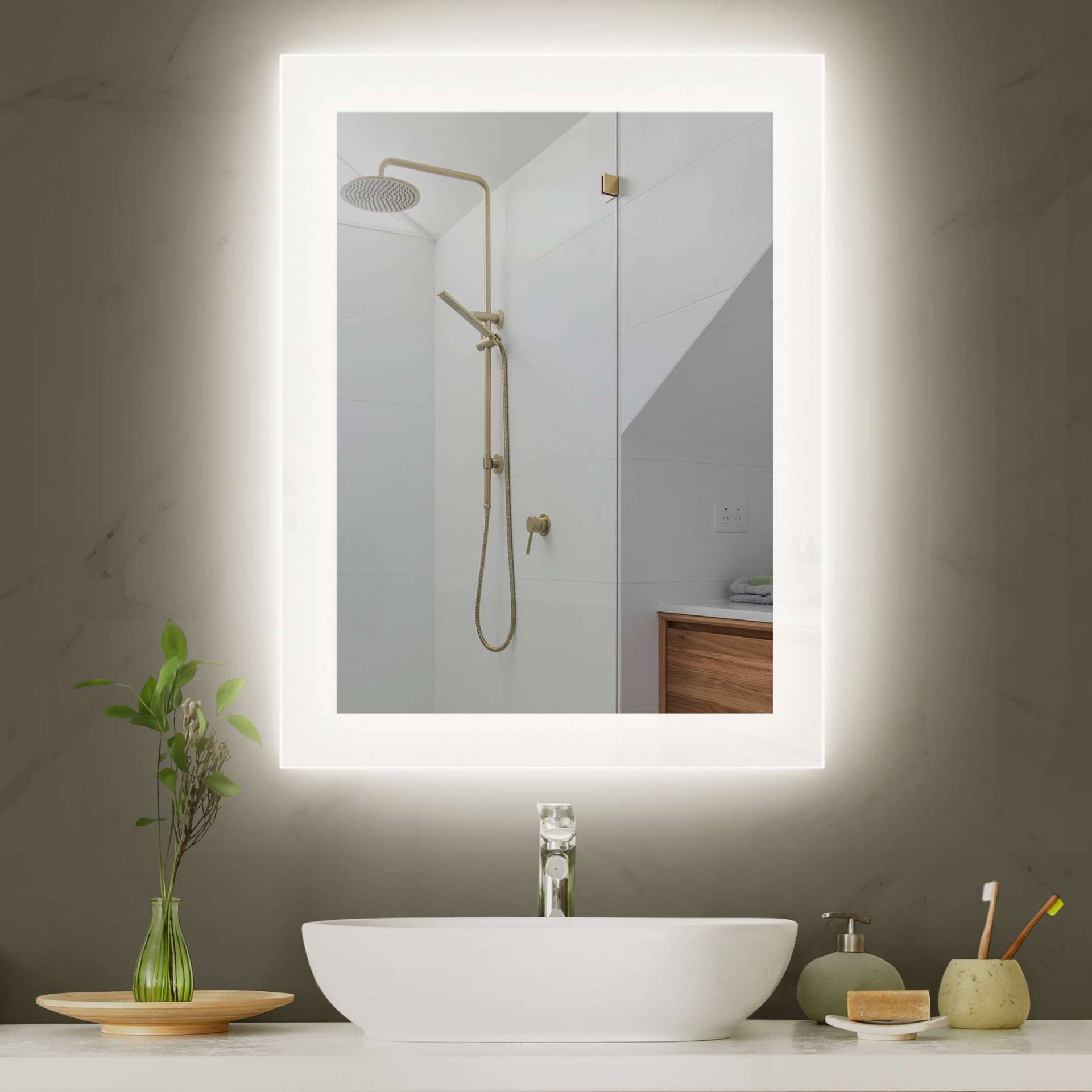 LED-Spiegel Badspiegel mit Beleuchtung eckig mit 5 cm Sandstrahlrand
