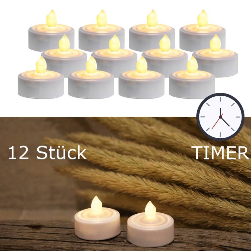 LED Teelichter - warmweiß flackernde Flamme - inkl. Batterien - Timer - D: 3,6cm - weiß - 12er Set von MARELIDA
