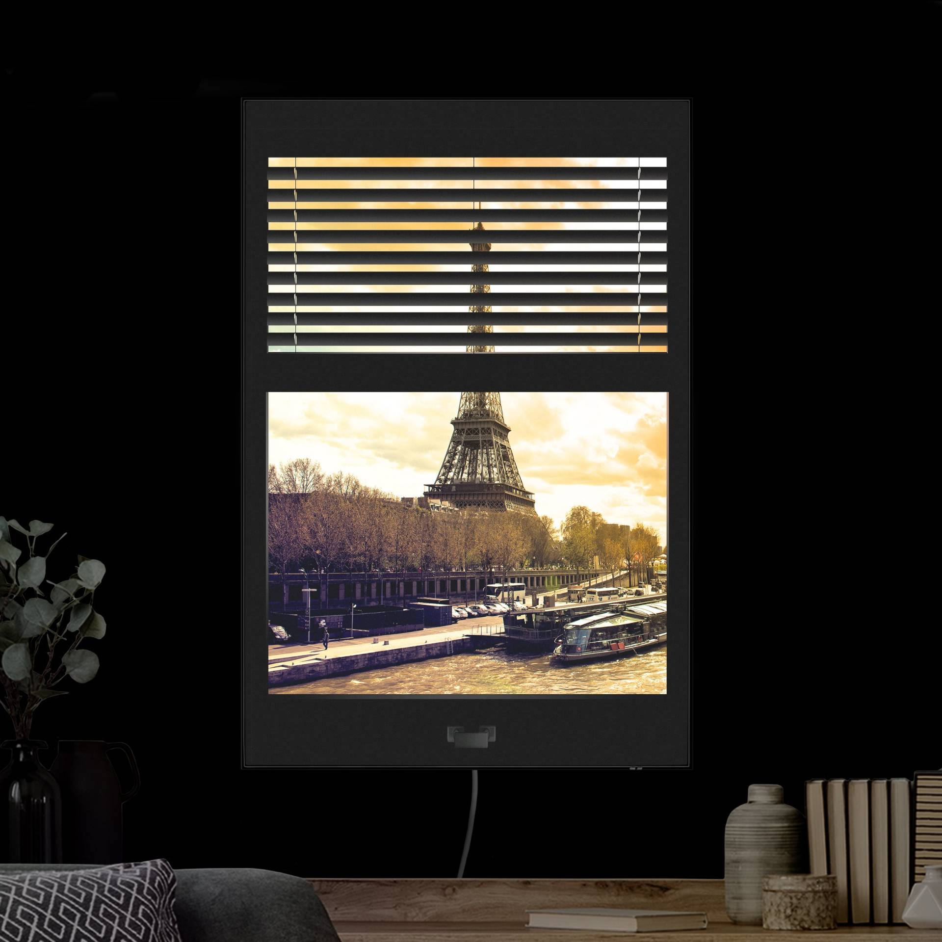 LED-Wechselbild Fensterausblick Jalousie - Paris Eiffelturm Sonnenuntergang