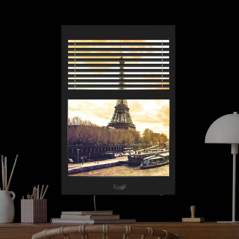 LED-Wechselbild Fensterausblick Jalousie - Paris Eiffelturm Sonnenuntergang
