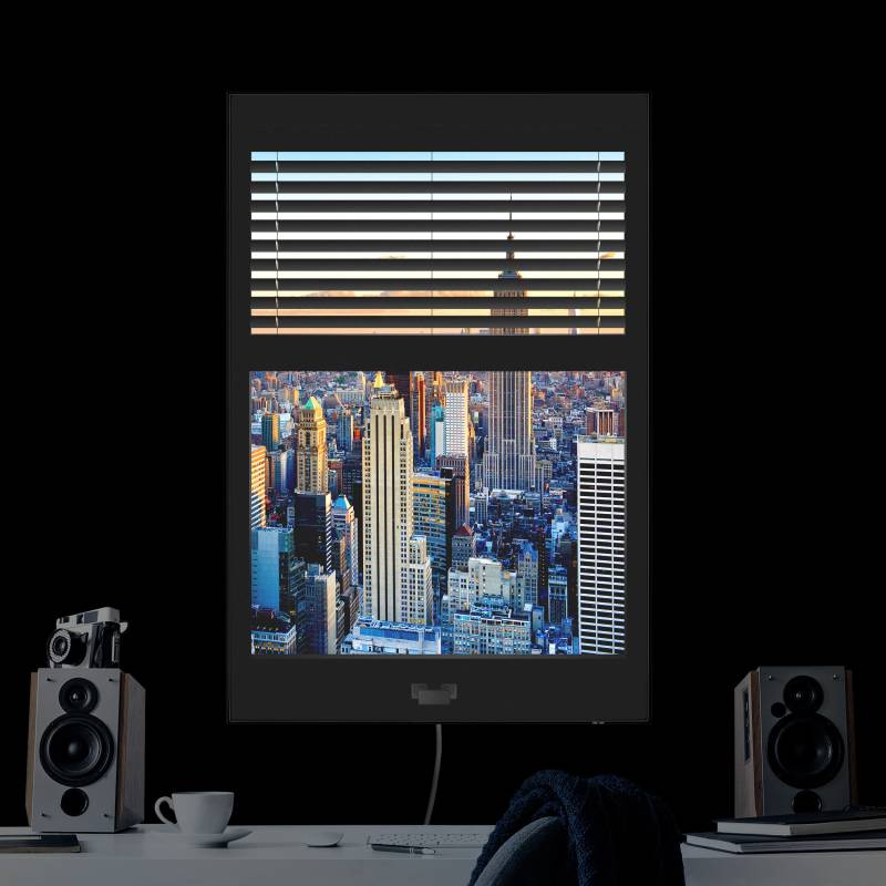 LED-Wechselbild Fensterausblick Jalousie - Sonnenaufgang New York