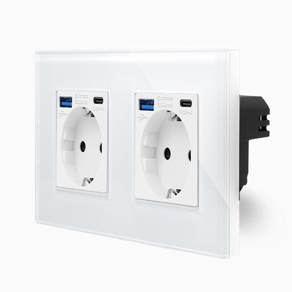 Glas 2 Steckdosen + USB Typ A/C 20W Weiß LXBG2-MP010U-2-11 LUXUS-TIME