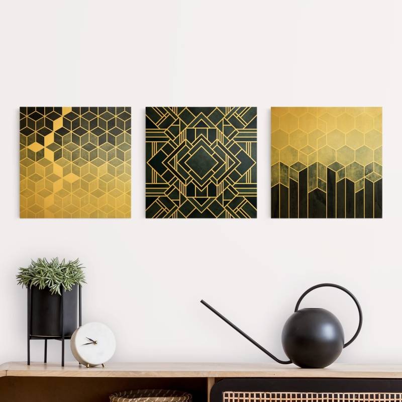 3-teiliges Leinwandbild Goldene Geometrie - Blau
