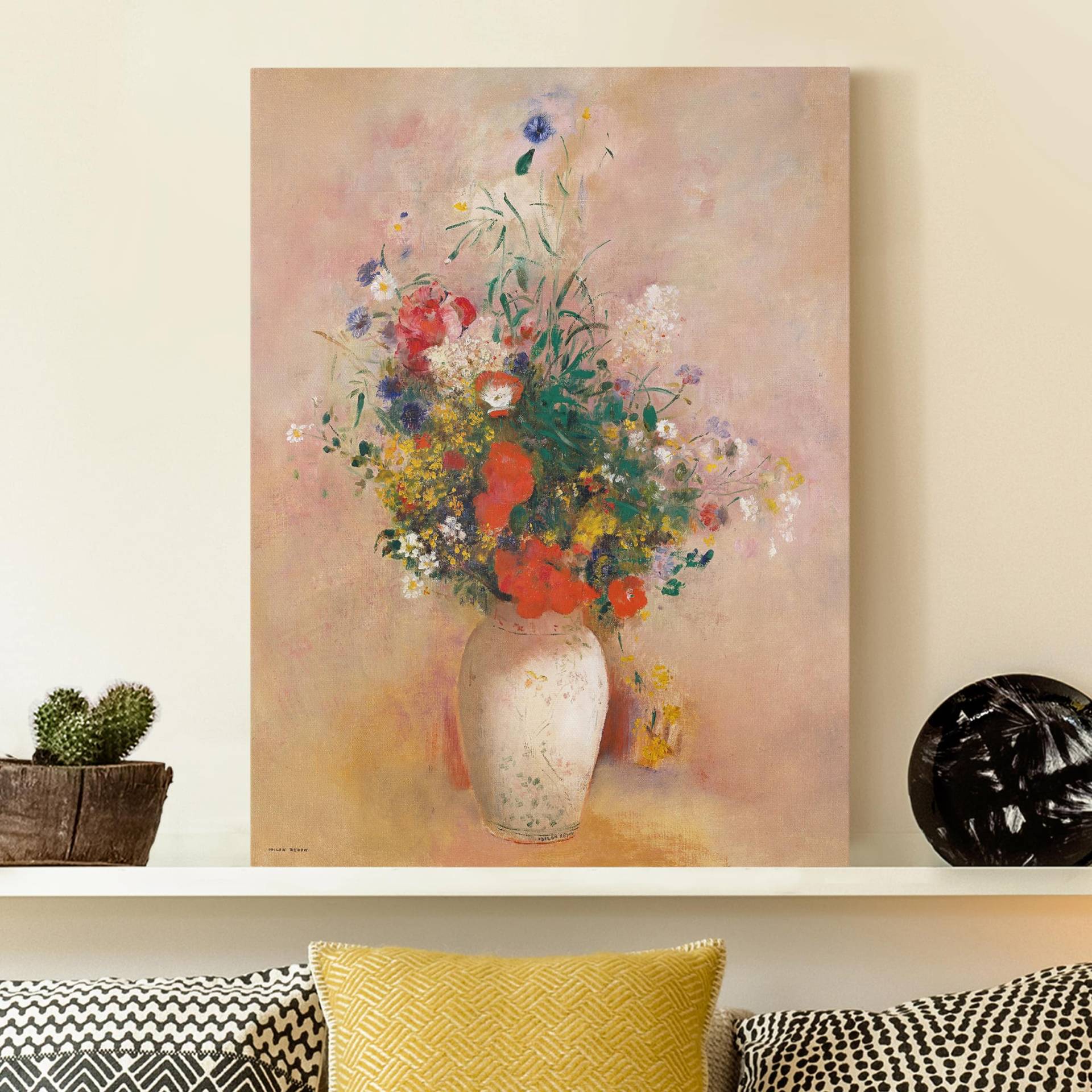 Leinwandbild - Hochformat Odilon Redon - Vase mit Blumen (rosenfarbener Hintergrund)
