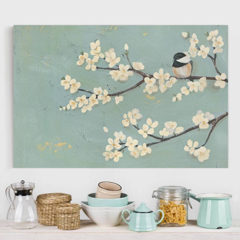 Leinwandbild Blumen Meise auf Kirschast