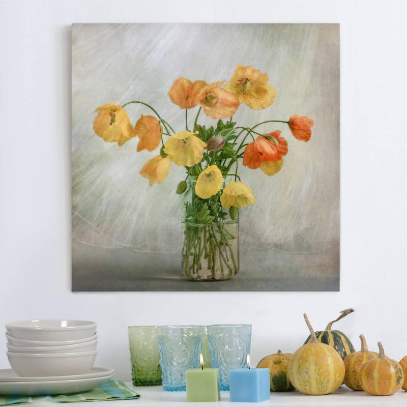 Leinwandbild - Quadrat Mohnblumen in einer Vase