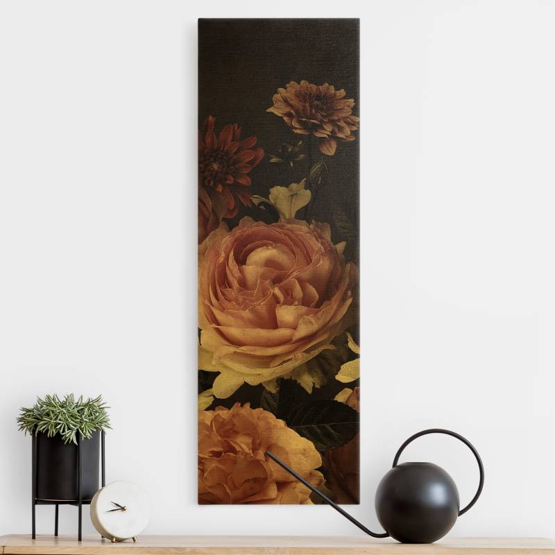 Leinwandbild Gold Rosa Blumen auf Schwarz Vintage