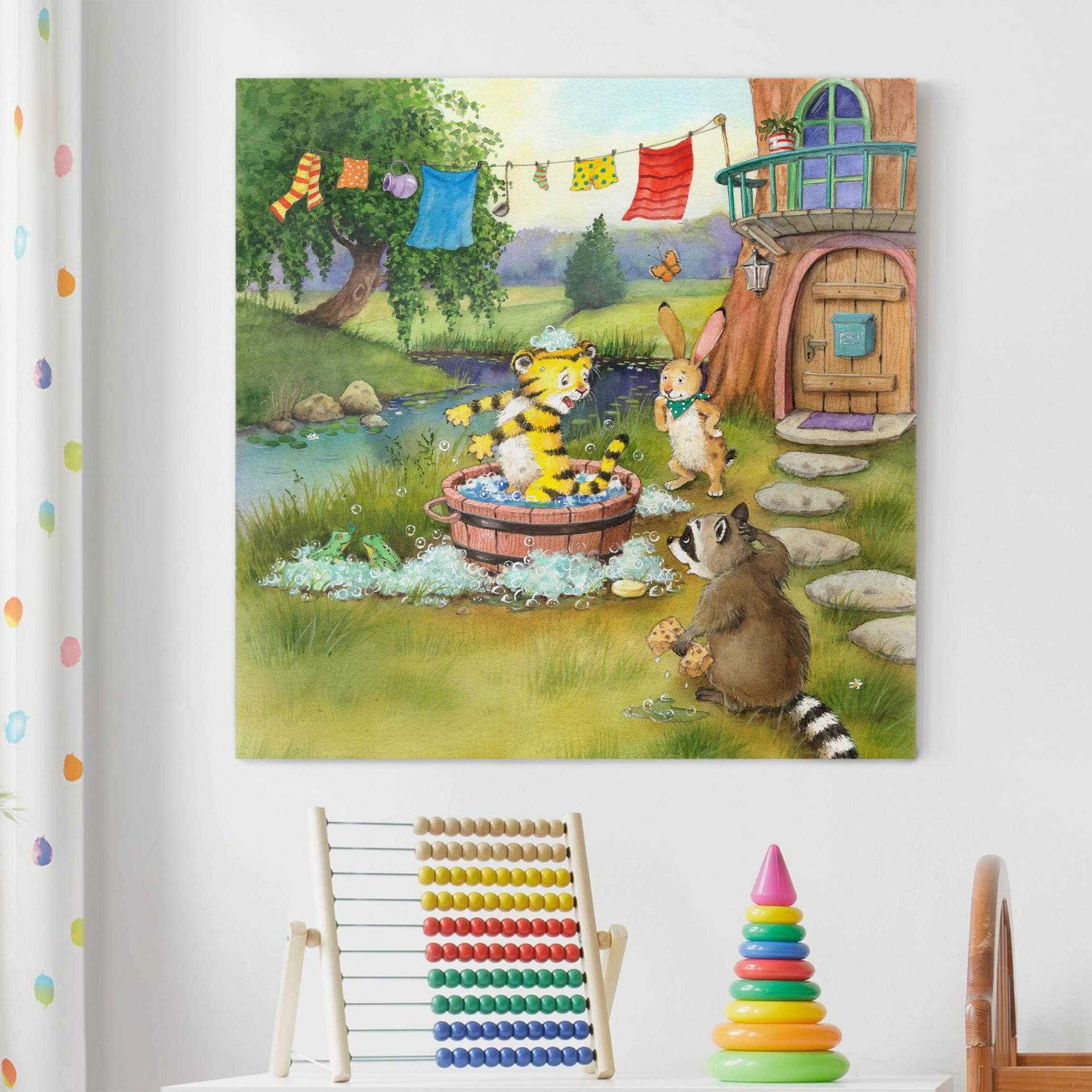 Leinwandbild Kinderzimmer - Quadrat Kleiner Tiger - Beim Baden