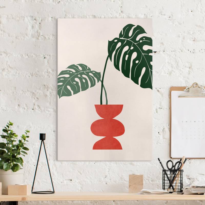 Leinwandbild Monstera in roter Vase