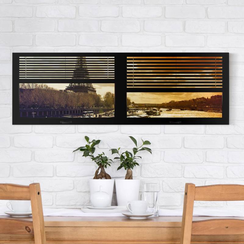 Leinwandbild - Hochformat Fensterausblick Jalousie - Paris Eiffelturm Sonnenuntergang