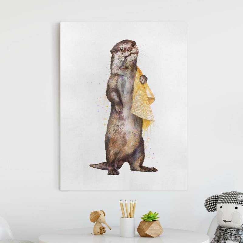 Leinwandbild - Hochformat Illustration Otter mit Handtuch Malerei Weiß